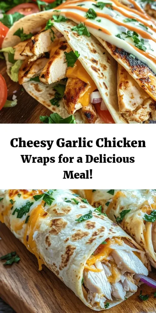 Indulge in these delicious Cheesy Garlic Chicken Wraps that combine grilled chicken, melted cheeses, and a creamy garlic sauce. With a quick prep time of just 15 minutes, you can enjoy this mouthwatering dish in 30 minutes. Each wrap is filled with fresh greens and optional add-ins like tomatoes and red onions for extra flavor. Perfect for lunch or dinner, these wraps are crispy on the outside and cheesy on the inside. Try them today!