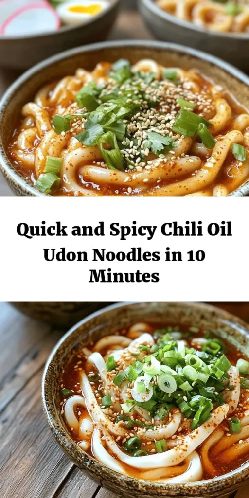 Indulge in a flavorful bowl of 10-Minute Chili Oil Udon Noodles, perfect for a quick meal! This easy recipe features chewy udon noodles tossed in a savory chili oil sauce, with garlic, soy sauce, and a hint of sweetness. Ready in just 10 minutes, these noodles are topped with fresh green onions and your choice of extras like sesame seeds or boiled eggs. Ideal for a cozy night in or a speedy lunch, this dish is sure to delight your taste buds!