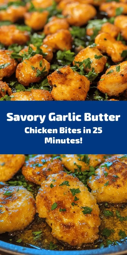Savor the deliciousness of Garlic Butter Chicken Bites! This quick and easy recipe features tender, seasoned chicken cooked in rich butter and fragrant garlic. Ready in just 25 minutes, it's perfect as an appetizer or served with a fresh salad or rice. With a hint of lemon and fresh parsley, each bite bursts with flavor. Ideal for weeknight dinners or entertaining guests, these chicken bites are sure to become a favorite!