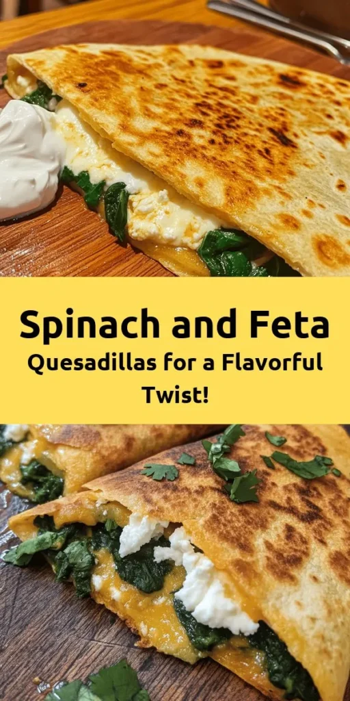 Elevate your snack game with these Spinach and Feta Quesadillas! Ready in just 20 minutes, this tasty recipe combines fresh spinach, tangy feta, and gooey mozzarella for a delicious twist on a classic favorite. Perfect for a quick meal or appetizer, these quesadillas are easy to make and packed with flavor. Serve with sour cream or Greek yogurt and a sprinkle of fresh herbs for an extra touch. Try them today and enjoy a burst of cheesy goodness!