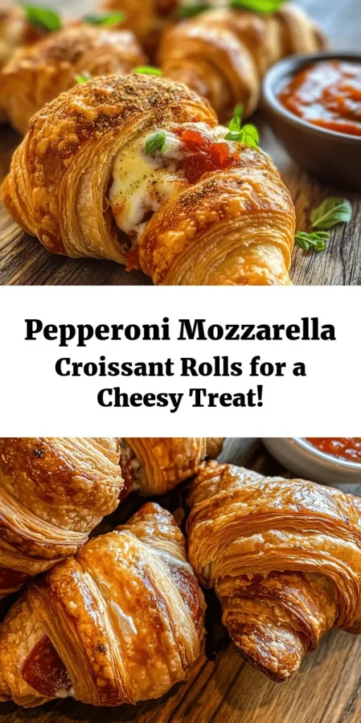 Discover the deliciousness of Mozzarella Pepperoni Croissant Rolls! This quick and easy recipe features flaky crescent roll dough stuffed with gooey mozzarella cheese, savory pepperoni, and a hint of garlic and Italian seasoning. Perfect for game day snacks or an appetizer at your next gathering, these rolls bake to golden perfection in just 12-15 minutes. Serve warm with marinara sauce for a tasty dip. Enjoy these crowd-pleasers that are sure to impress!