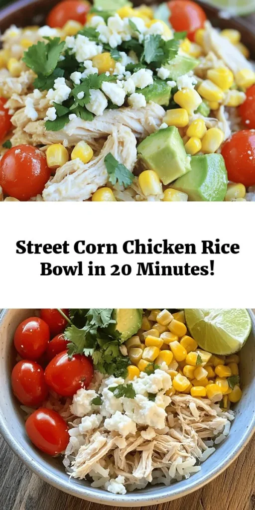 Looking for a quick and flavorful meal? Try this Easy Street Corn Chicken Rice Bowl! Loaded with tender chicken, sweet corn, fresh tomatoes, and creamy avocado, it's a vibrant dish that you can whip up in just 20 minutes. Perfect for lunch or dinner, this bowl is customizable with your favorite toppings like feta cheese. Enjoy a burst of flavors with a splash of lime and fresh cilantro. Simple, satisfying, and oh-so-delicious!