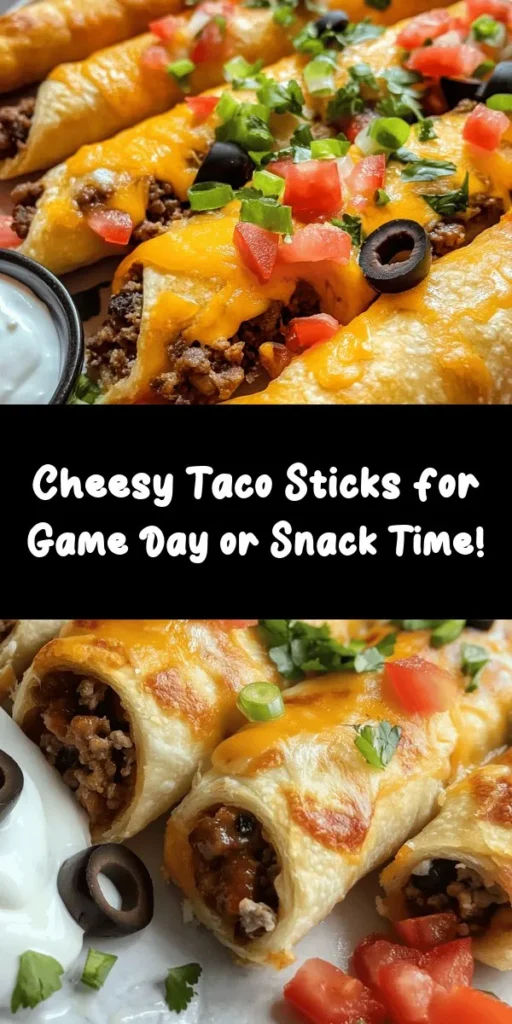 Satisfy your cravings with these cheesy taco sticks! Easy to make and packed with flavor, this recipe combines ground beef or turkey, taco seasoning, and a delicious mix of cheddar and Monterey Jack cheeses, all wrapped in flaky crescent roll dough. With fresh toppings like diced tomatoes, black olives, and green onions, these irresistible snacks are perfect for game nights or gatherings. Serve with salsa and sour cream for the ultimate dipping experience!