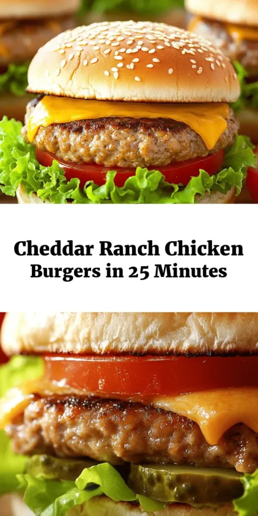 Delight in the flavors of these Easy Cheddar Ranch Chicken Burgers! Perfect for a quick and tasty meal, this recipe combines ground chicken, melted cheddar, and zesty ranch dressing for a juicy burger experience. With just a few simple ingredients and easy steps, you can create a scrumptious dinner in under 30 minutes. Serve on a toasted bun with your favorite toppings for a crowd-pleasing dish that everyone will love!