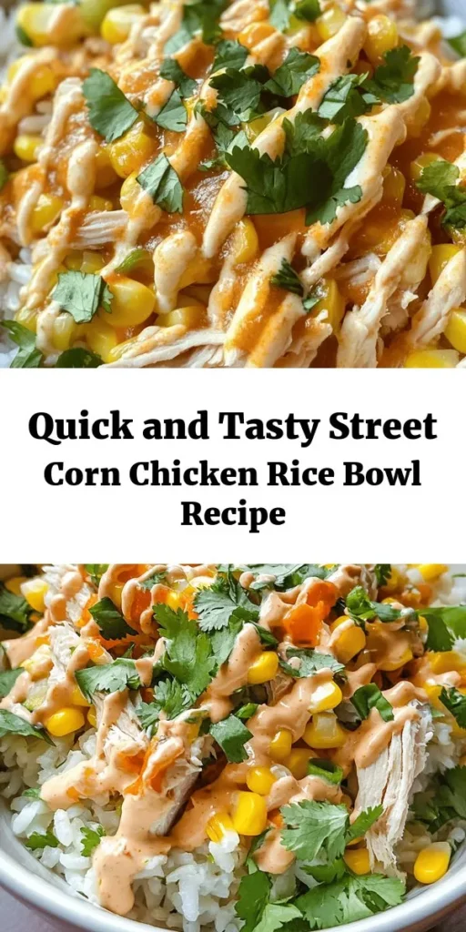 Indulge in this Easy Street Corn Chicken Rice Bowl that's perfect for a quick and delicious meal! With just 10 minutes of prep, you'll enjoy a creamy combination of shredded rotisserie chicken, sweet corn, and a zesty sauce served over fluffy rice. Topped with fresh cilantro for that extra pop, this dish is not only satisfying but also bursting with flavor. Perfect for lunch or dinner, it’s a must-try recipe that everyone will love!