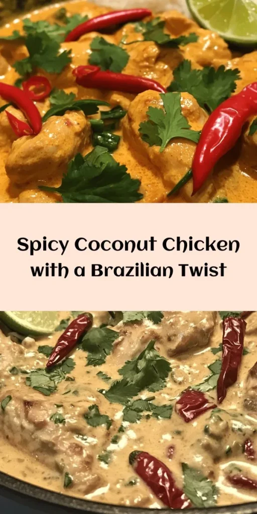 Discover the vibrant flavors of Brazil with this Spicy Brazilian Coconut Chicken recipe! This dish features tender chicken thighs marinated in a blend of garlic, ginger, cumin, and fresh red chilies, simmered in rich coconut milk for a creamy, spicy delight. Perfectly garnished with cilantro and lime, it’s best served over rice or quinoa. Get ready to impress your taste buds and enjoy a tropical escape with this easy-to-follow recipe!