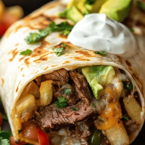 Are you ready to elevate your burrito game? The Steak & Cheese Dirty Fry Burrito is not just a meal; it's an experience that combines hearty flavors, satisfying textures, and a fusion that will leave your taste buds dancing. This dish takes the classic burrito and adds a unique twist, transforming it into a mouthwatering creation that features juicy flank steak, melty cheese, and crispy French fries all wrapped up in a warm tortilla. Perfect for lunch, dinner, or even a late-night snack, this recipe is ideal for home cooks seeking an easy yet delectable option that doesn't skimp on flavor.
