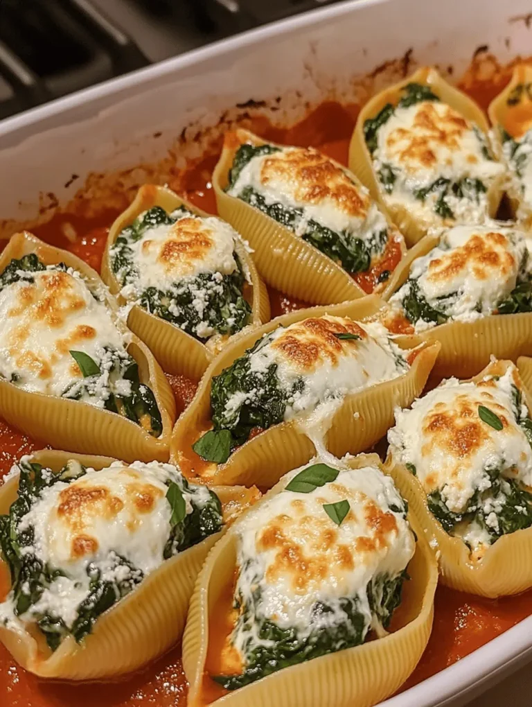 Spinach and Ricotta Stuffed Shells are a delightful dish that beautifully combines comfort with nutrition. This classic Italian-inspired recipe features large pasta shells generously filled with a creamy, flavorful mixture of ricotta cheese, fresh spinach, and aromatic seasonings. With its inviting flavors and satisfying textures, it has become a favorite for families and food enthusiasts alike. The dish is not only a feast for the palate but also a feast for the eyes, making it perfect for weeknight dinners, special occasions, or even a cozy gathering with friends.