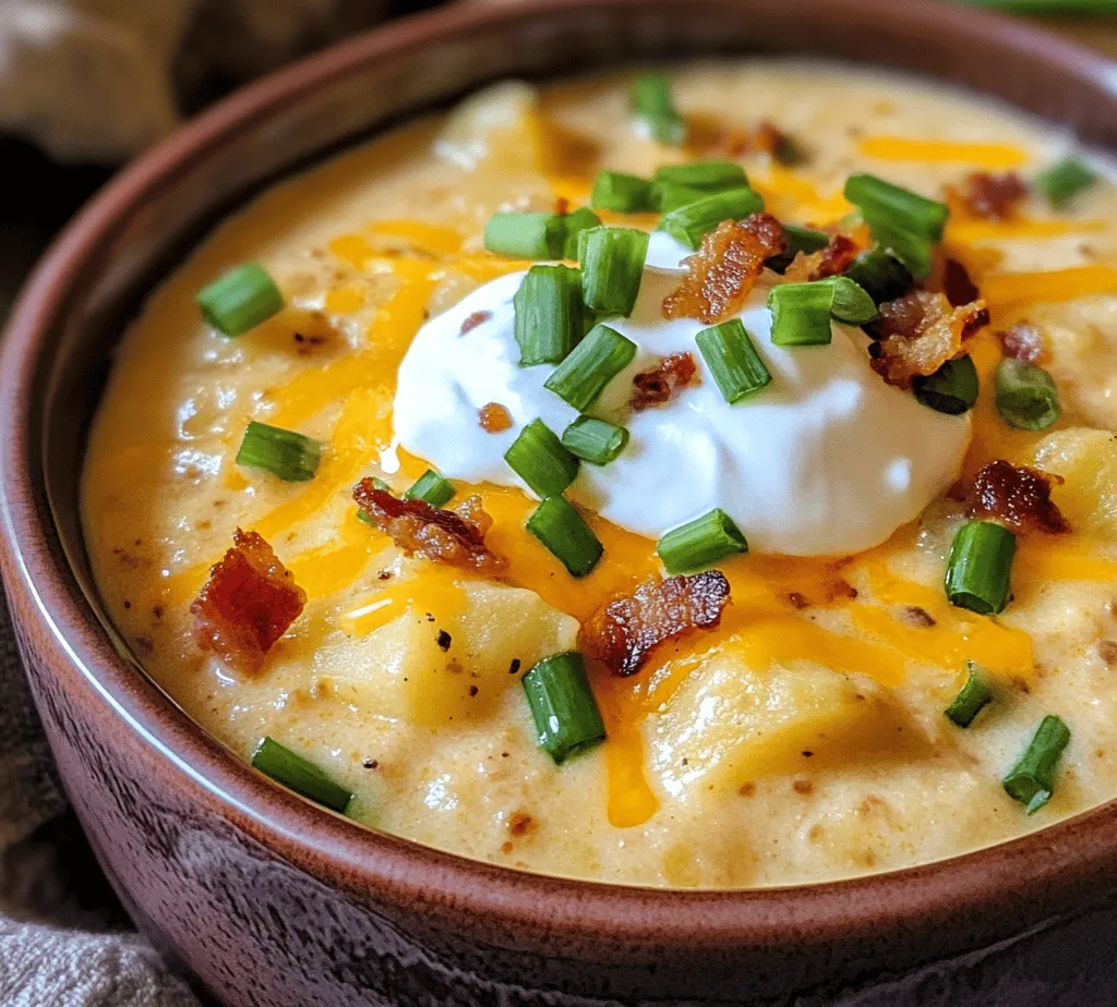 When it comes to comfort food, few dishes can rival the warmth and satisfaction of a hearty bowl of soup. Among the myriad of options, <strong>Creamy Baked Potato Bliss Soup</strong> stands out as a quintessential choice that brings together rich flavors and a velvety texture. This delightful recipe is not only indulgent but also incredibly versatile, making it suitable for any season. Whether you’re enjoying it during the chill of winter or as a cozy meal on a breezy autumn evening, this soup is designed to comfort and nourish.” /></p>
</p>
<h3>Techniques for Achieving the Perfect Blend</h3>
</p>
<p>When it comes to making a creamy baked potato soup, the blending technique you choose can significantly influence the final texture of your dish. The right blend can yield a smooth, velvety soup, while leaving some chunks can add character and a rustic touch. Here are some methods to consider:</p>
</p>
<p>1. <strong>Immersion Blender</strong>: This tool allows for quick blending directly in the pot. If you prefer a creamy soup with a few potato chunks, simply blend for a few seconds until you reach your desired consistency. This method is efficient and minimizes cleanup.</p>
</p>
<p>2. <strong>Blender</strong>: For a completely smooth texture, transfer the soup in batches to a high-speed blender. Be sure to allow steam to escape by removing the center cap or venting the lid slightly. Blend until silky smooth, then return to the pot. For those who appreciate a bit more body, blend just half of the soup and mix it back in for a delightful contrast.</p>
</p>
<p>3. <strong>Food Processor</strong>: Similar to a blender, a food processor can achieve a creamy texture. However, it may require more time to process and blend the soup in smaller batches. Start with a portion of the soup and adjust the consistency by adding liquid if needed.</p>
</p>
<h3>Cooking Process</h3>
</p>
<h4>Simmering the Soup</h4>
</p>
<p>Simmering is a crucial step in the soup-making process as it allows the flavors of your ingredients to meld together beautifully. When you simmer the soup, the heat encourages the potatoes to break down and release their starches, which helps thicken the soup naturally.</p>
</p>
<p><strong>How to Simmer for Flavor Development</strong>: Once you have blended the soup to your desired consistency, return it to the pot over medium heat. Bring it to a gentle simmer, which is indicated by small bubbles forming at the surface. This slow cooking method intensifies the flavors, allowing the seasonings and aromatics to permeate every spoonful.</p>
</p>
<p><strong>Timing for Optimal Results</strong>: For the best flavor development, aim to simmer your soup for at least 20 to 30 minutes. If time allows, extending the simmer to 45 minutes can deepen the flavor even further. Just be sure to stir occasionally to prevent the soup from sticking to the bottom of the pot.</p>
</p>
<h4>Adjusting Consistency and Flavor</h4>
</p>
<p>Achieving the perfect creamy consistency can involve a few adjustments. Here are some tips to help you refine your soup:</p>
</p>
<p>1. <strong>Thickening the Soup</strong>: If your soup ends up too thin, consider adding a slurry made from equal parts cornstarch and cold water. Stir this mixture into the simmering soup and allow it to cook for an additional 5-10 minutes until thickened. Alternatively, you can mash some of the potatoes directly in the pot to increase thickness.</p>
</p>
<p>2. <strong>Adjusting Creaminess</strong>: For a richer soup, consider incorporating heavy cream or sour cream. Stir it in during the last few minutes of simmering to ensure it melds well without curdling. If you’re looking for a lighter option, use half-and-half or whole milk instead.</p>
</p>
<p>3. <strong>Seasoning to Taste</strong>: Salt and pepper are essential for enhancing the flavors of your soup. Start with a teaspoon of salt and a half teaspoon of black pepper, then taste and adjust as needed. Consider adding a pinch of garlic powder, onion powder, or smoked paprika for an extra layer of flavor. Fresh herbs like chives, parsley, or dill can also provide a pop of freshness.</p>
</p>
<h3>Serving Suggestions</h3>
</p>
<p>The presentation of your creamy baked potato soup can elevate the dining experience. Here are some ideas to make your dish visually appealing and delicious:</p>
</p>
<p><strong>Bowl Presentation</strong>: When serving, ladle the soup into large, warmed bowls. For a touch of elegance, swirl a dollop of sour cream or a splash of cream on top. Garnish with freshly chopped chives or parsley, and sprinkle a little extra pepper for visual contrast. You can also add some crispy bacon bits or shredded cheese for an enticing look.</p>
</p>
<p><strong>Pairing Suggestions</strong>: Creamy baked potato soup pairs wonderfully with crusty bread or a refreshing salad. Consider serving it alongside a simple mixed greens salad drizzled with a light vinaigrette to balance the richness of the soup. A slice of sourdough or a warm baguette can be perfect for dipping.</p>
</p>
<h3>Variations on the Basic Recipe</h3>
</p>
<p>One of the joys of making soup is the ability to customize it to your tastes. Here are some variations to inspire your creativity:</p>
</p>
<p>1. <strong>Optional Add-Ins</strong>: Enhance your soup by incorporating vegetables like sautéed leeks, carrots, or celery at the beginning. You can also add cooked proteins, such as shredded chicken or crumbled sausage, for a heartier option.</p>
</p>
<p>2. <strong>Vegetarian/Vegan Adaptations</strong>: For a vegetarian version, use vegetable broth and substitute cream with coconut milk or a plant-based cream alternative. To keep it vegan, ensure that any toppings, like cheese or sour cream, are dairy-free options.</p>
</p>
<h3>Storing and Reheating</h3>
</p>
<p>If you have leftovers, storing and reheating them properly will ensure you enjoy your creamy baked potato bliss soup at its best:</p>
</p>
<p>1. <strong>Tips for Storing Leftover Soup</strong>: Allow the soup to cool completely before transferring it to airtight containers. Refrigerate for up to 3-4 days. For longer storage, freeze the soup in freezer-safe containers or bags. Be sure to leave some space at the top, as the soup will expand when frozen.</p>
</p>
<p>2. <strong>Reheating Methods</strong>: Reheat the soup gently on the stove over medium heat, stirring occasionally. If the soup seems too thick after reheating, simply add a splash of broth or water to loosen it. Alternatively, you can reheat individual portions in the microwave, stirring halfway through to ensure even heating.</p>
</p>
<h3>Conclusion</h3>
</p>
<p>Creamy baked potato bliss soup is not only a comforting dish but also a versatile canvas for culinary creativity. The joy of making this soup lies in the process of blending flavors and textures, as well as the satisfaction of creating something wholesome from scratch.</p>
</p>
<p>Embrace the opportunity to personalize this recipe with your favorite toppings or variations, whether it’s extra veggies, proteins, or herbs that speak to your taste buds. Homemade meals foster connection and warmth, bringing loved ones together around the table.</p>
</p>
<p>So gather your ingredients, follow the steps, and enjoy the delightful experience of creating and relishing in a bowl of creamy baked potato bliss soup. Whether it’s a chilly evening or a casual gathering, this soup is sure to be a hit. Dive in, savor each spoonful, and allow the comforting flavors to create lasting memories.</p>
<div id=