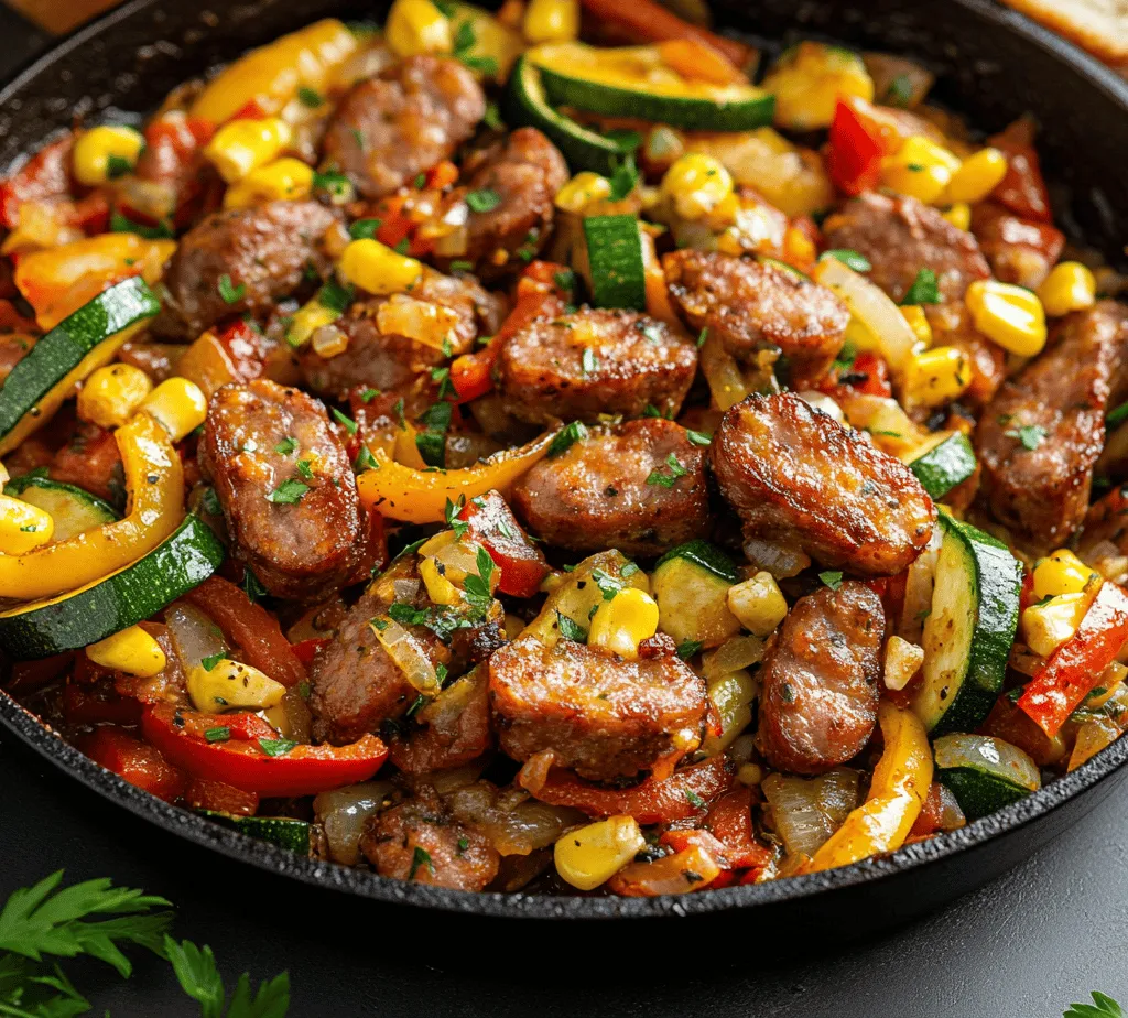 In the realm of quick and satisfying meals, the <strong>Sausage & Veggies Skillet Delight</strong> stands out as a vibrant and nutritious option. This one-pan recipe combines savory Italian sausage with a medley of colorful vegetables, making it perfect for busy weeknights or leisurely weekend meals. The beauty of this dish lies not just in its flavor, but also in its simplicity and versatility. Whether you’re looking for a wholesome dinner after a hectic day or a delightful dish to impress your family during the weekend, this skillet delight will deliver.” /></p>
</p>
<h3>Incorporating Vegetables</h3>
</p>
<p>To create a perfectly balanced Sausage & Veggies Skillet Delight, it’s essential to incorporate the vegetables in a way that allows them to cook evenly while maintaining their crunch and vibrant flavors. Start by selecting your vegetables based on their cooking times; for this recipe, zucchini, bell peppers, and corn are ideal choices as they complement each other well.</p>
</p>
<p>Begin by chopping your vegetables into uniform pieces. This ensures that they cook at the same rate, preventing any from becoming overly soft while others remain undercooked. For example, cut the zucchini into half-moons and the bell peppers into strips. The corn can be used fresh or frozen, and if using frozen, there’s no need to thaw it first.</p>
</p>
<p>Heat your skillet over medium-high heat and add a drizzle of olive oil. The oil will help to sauté the vegetables and enhance their natural flavors. Start with the bell peppers, as they take a bit longer to soften. Sauté them for about 3-4 minutes until they start to soften, followed by the zucchini. Stirring frequently allows for even cooking and helps prevent sticking.</p>
</p>
<p>Once the zucchini has turned a vibrant green and softened slightly (about another 3-4 minutes), add the corn to the skillet. The sweetness of the corn adds a delightful contrast to the savory sausage. Cook everything together for an additional 2-3 minutes, stirring gently to combine. The goal is to have the vegetables tender yet crisp, which maintains their nutrients and adds texture to the dish.</p>
</p>
<h3>Seasoning the Dish</h3>
</p>
<p>Seasoning is a critical step in elevating the flavors of your Sausage & Veggies Skillet Delight. Start with the basics: salt and pepper. As the sausage cooks, it will release its natural oils and flavors, which will infuse the vegetables. It’s essential to taste as you go; this will help you achieve a balanced flavor profile.</p>
</p>
<p>After the sausage has browned and the vegetables are just about cooked, sprinkle in your seasonings. A mix of garlic powder, onion powder, and paprika can enhance the overall flavor without overwhelming the dish. If you want to add a bit of heat, consider incorporating red pepper flakes or a dash of hot sauce at this stage.</p>
</p>
<p>Remember, seasoning is not just about adding flavor but also about enhancing the existing tastes of the ingredients. Stir everything together and allow it to cook for an additional minute or two, ensuring that the spices meld with the sausage and vegetables. This method allows the dish to come together harmoniously, creating a delightful culinary experience.</p>
</p>
<h3>Garnishing and Serving</h3>
</p>
<p>Presentation can significantly enhance the dining experience, making even a simple dish feel gourmet. For the Sausage & Veggies Skillet Delight, consider garnishing with fresh herbs such as parsley or basil. Not only do these herbs add a pop of color, but they also introduce a fresh flavor that contrasts beautifully with the richness of the sausage.</p>
</p>
<p>To serve, transfer the skillet directly to the table for a rustic presentation, or plate the dish by scooping generous portions onto individual plates. Drizzle with a little extra virgin olive oil for added richness and shine, or squeeze a wedge of lemon over the top to brighten the flavors.</p>
</p>
<p>Pair your skillet delight with a side of crusty bread or a simple green salad for a complete meal. The combination of flavors and textures will surely impress your family and guests, making each bite a celebration of freshness and taste.</p>
</p>
<h3>Nutritional Benefits of the Dish</h3>
</p>
<p>The Sausage & Veggies Skillet Delight not only pleases the palate but also offers various nutritional benefits. Each ingredient contributes to a balanced and healthful meal that can support your dietary needs.</p>
</p>
<h4>Protein from Sausage</h4>
</p>
<p>Italian sausage serves as a hearty protein source, making it a satisfying addition to this dish. Protein is essential for muscle repair, immune function, and overall health. Including sausage in your meal can help keep you full longer, reducing the likelihood of unhealthy snacking later in the day. Just be mindful of portion sizes and choose varieties that are lower in fat when possible, as there are many options available, including leaner cuts.</p>
</p>
<h4>Fiber and Vitamins from Vegetables</h4>
</p>
<p>The vegetables in this dish—zucchini, bell peppers, and corn—are packed with fiber and essential vitamins. Zucchini is low in calories but high in vitamin C, which supports the immune system and skin health. Bell peppers are rich in antioxidants and vitamins A and C, contributing to eye health and overall wellness. Corn, while often overlooked, is a good source of fiber and provides energy through its carbohydrate content. Together, these vegetables not only enhance the flavor profile but also offer a wealth of nutrients that promote a healthy diet.</p>
</p>
<h4>Healthy Fats from Olive Oil</h4>
</p>
<p>Using olive oil as a cooking fat is an excellent choice when preparing the Sausage & Veggies Skillet Delight. Olive oil is well-known for its heart-healthy properties, thanks to its high levels of monounsaturated fats. These fats can help reduce bad cholesterol levels and support cardiovascular health. Additionally, olive oil contains antioxidants, which can combat inflammation in the body. By incorporating it into your cooking, you’re not only enhancing flavor but also contributing to better health.</p>
</p>
<h3>Customization Options</h3>
</p>
<p>One of the best aspects of the Sausage & Veggies Skillet Delight is its versatility. This recipe can be easily customized to fit various tastes and dietary preferences, allowing you to get creative in the kitchen.</p>
</p>
<h4>Substituting Proteins</h4>
</p>
<p>If you’re looking to modify the protein source, there are plenty of options available. Chicken sausage is a leaner alternative that still delivers a robust flavor. Turkey sausage is another great option for those seeking a lighter protein. For vegetarian or vegan diets, consider using plant-based sausage alternatives that mimic the taste and texture of traditional sausage. These options allow you to enjoy the same delicious flavors while accommodating different dietary needs.</p>
</p>
<h4>Vegetable Variations</h4>
</p>
<p>Feel free to experiment with a variety of vegetables in your skillet delight. Spinach can be added at the end of cooking to wilt down and add a nutrient-rich green element. Mushrooms bring an earthy flavor to the dish, while broccoli adds a satisfying crunch. Each vegetable will alter the flavor profile, allowing you to customize the dish to your preferences.</p>
</p>
<h4>Spice Adjustments</h4>
</p>
<p>Adjusting the heat level of your Sausage & Veggies Skillet Delight is simple. If you prefer a milder dish, stick with just salt and pepper. For those who enjoy a bit of spice, consider adding red pepper flakes or even a diced jalapeño during the sautéing process. You can also experiment with different herbs and spices, such as Italian seasoning or cumin, to create your unique flavor blend.</p>
</p>
<h3>Conclusion</h3>
</p>
<p>The Sausage & Veggies Skillet Delight is a versatile and satisfying meal that can be easily adapted to suit various tastes and dietary needs. With its blend of savory sausage and colorful vegetables, this dish not only pleases the palate but also nourishes the body. Whether enjoyed on a busy weeknight or as part of a relaxed weekend dinner, it is sure to become a favorite in any kitchen.</p>
</p>
<p>Embracing the essence of home-cooked meals, this recipe invites you to gather around the table and share in the joy of good food. By incorporating fresh vegetables, balancing flavors with thoughtful seasoning, and customizing ingredients according to personal preference, the Sausage & Veggies Skillet Delight becomes a delightful mainstay in your culinary repertoire. Enjoy the warmth and comfort of this dish, and remember that cooking is as much about creativity as it is about nourishment.</p>
<div id=