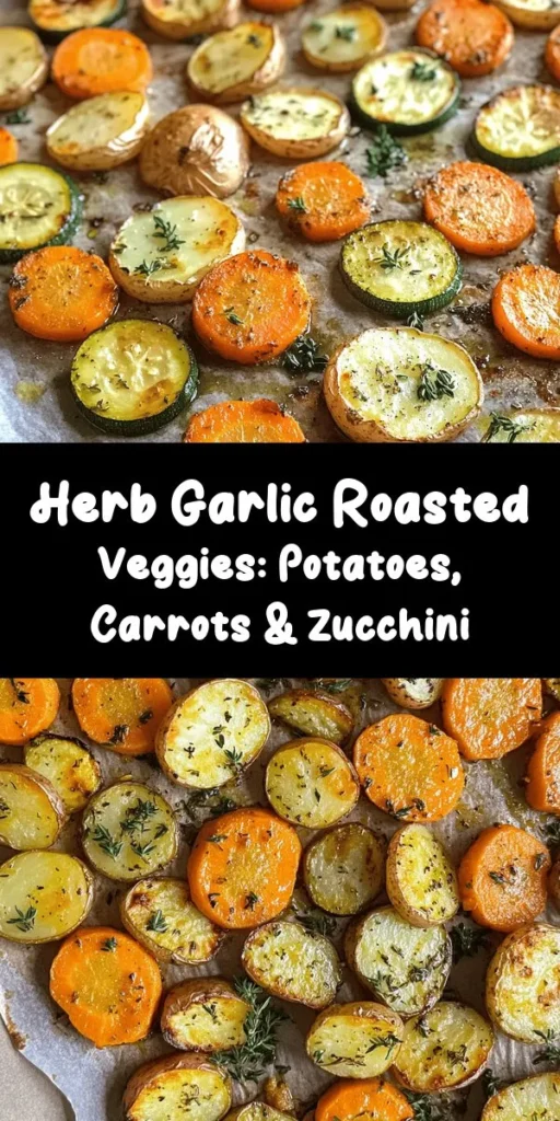 Enjoy a burst of flavor with these Garlic Herb Roasted Potatoes, Carrots, and Zucchini! This vibrant dish combines bite-sized potatoes, sweet carrots, and tender zucchini, all tossed in garlic and fragrant herbs. Perfect as a side for any meal, it's easy to prepare with just 15 minutes of prep time and 40 minutes in the oven. Garnish with fresh parsley for a delightful finish. Your family will love this healthy and delicious recipe!