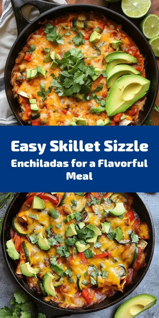 Get ready for a flavor-packed meal with these Skillet Sizzle Enchiladas! This one-pan dish combines sautéed onion, garlic, bell pepper, and zucchini with black beans and corn, all seasoned to perfection. Toss in whole wheat tortilla strips and a generous sprinkle of cheese, then watch it all melt together. Garnish with fresh cilantro and serve with avocado and lime for a delicious, healthy dinner in just 30 minutes. Perfect for busy nights!
