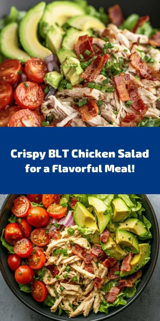 Savor the flavors of summer with this Crispy BLT Chicken Salad! Packed with tender chicken, crispy bacon, fresh romaine, cherry tomatoes, and creamy avocado, this salad is a delightful twist on the classic BLT. Tossed in a luscious dressing made with mayonnaise, Greek yogurt, and Dijon mustard, it's perfect for lunch or a light dinner. Quick to prepare in just 15 minutes, this salad is not only delicious but also visually stunning. Garnish with fresh chives for an added touch!