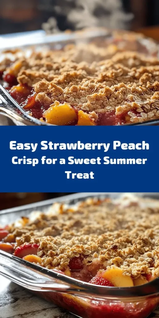 Indulge in the perfect summer dessert with this Strawberry Peach Crisp! Bursting with juicy strawberries and peaches, this simple recipe combines fresh fruit with a deliciously crunchy oat topping. Just mix, bake, and enjoy warm with vanilla ice cream. With only 15 minutes of prep time, it’s easy to treat your family and friends to a delightful dessert that’s bound to impress. Sweet, tangy, and oh-so-satisfying!