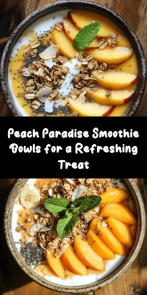 Indulge in this refreshing Peach Paradise Smoothie Bowl that's perfect for breakfast or a snack! Combining ripe peaches, banana, and creamy Greek yogurt, this bowl is not just delicious but also packed with nutrients. Customize it with your favorite toppings like granola, chia seeds, and fresh mint for a burst of flavor and texture. Ready in just 10 minutes, it's a quick and easy way to enjoy a taste of summer any time of year!