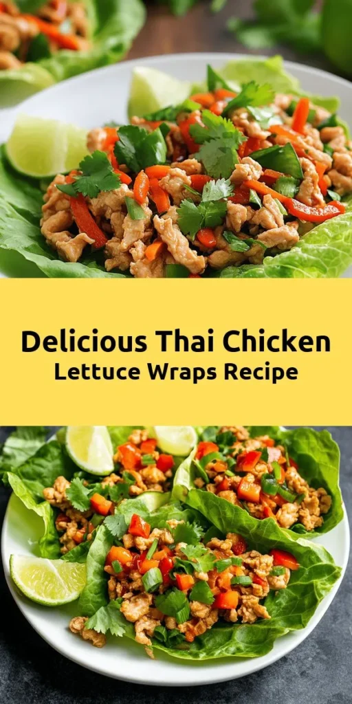 Experience a burst of flavor with these Thai Chicken Lettuce Wraps! Packed with ground chicken, fresh veggies, and a savory sauce, this recipe is a quick 30-minute meal perfect for family dinners or entertaining. Simple to prepare, just sauté the chicken with garlic and ginger, mix in colorful veggies, and wrap the delicious filling in crisp lettuce leaves. Garnish with cilantro and lime for an extra zesty kick. Enjoy a healthy and tasty treat!