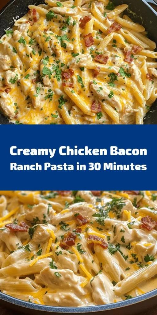 Indulge in this creamy chicken bacon ranch pasta that's bursting with flavor! This quick and delicious recipe features tender chicken, crispy bacon, and a rich ranch sauce tossed with penne pasta. Perfect for a weeknight dinner, it's ready in just 30 minutes. With ingredients like heavy cream, cheddar cheese, and fresh parsley, this dish is sure to please the whole family. Enjoy a comforting meal that’s creamy, savory, and simply delightful!