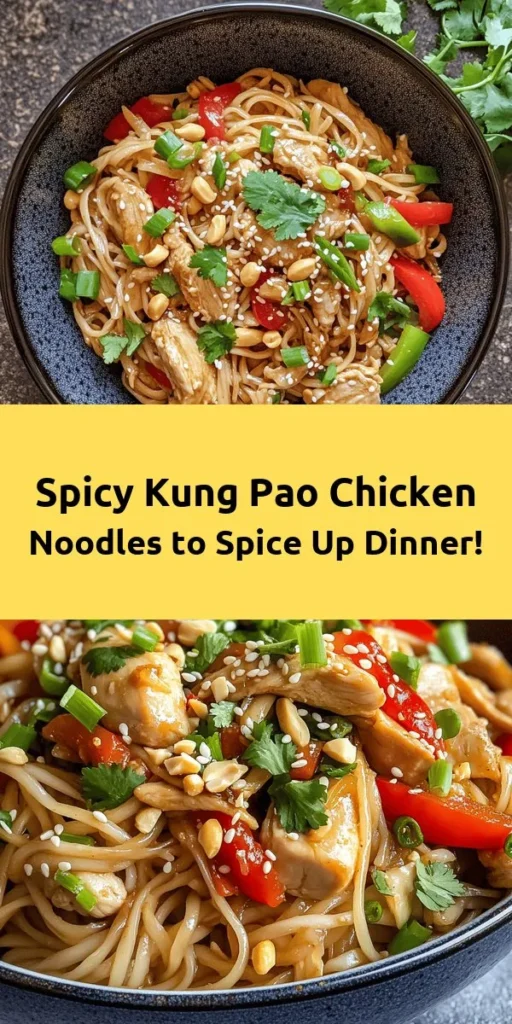Get ready to spice up your dinner with these flavorful Kung Pao Chicken Noodles! This dish features tender rice noodles tossed with marinated chicken, vibrant bell peppers, and crunchy peanuts, all coated in a tangy, spicy sauce. Perfect for a weeknight meal, it takes just 40 minutes to prepare. Serve it up with a sprinkle of sesame seeds and fresh cilantro for an extra pop. Your family will love the savory, nutty goodness in every bite!