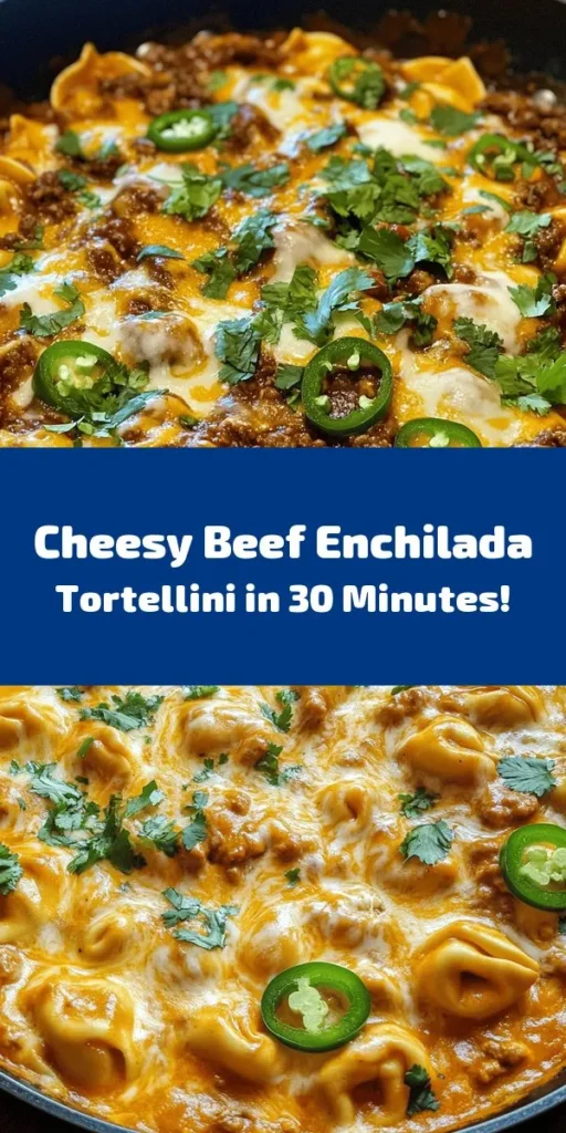 Get ready to indulge in a comforting and delicious Cheesy Beef Enchilada Tortellini! This easy recipe combines cheesy tortellini with seasoned ground beef, onion, and garlic, all smothered in rich enchilada sauce and topped with melted cheddar and Monterey Jack cheese. Perfect for a cozy family dinner, this dish is flavorful, satisfying, and ready in just 30 minutes. Garnish with fresh cilantro and jalapeños for an extra kick. Enjoy!