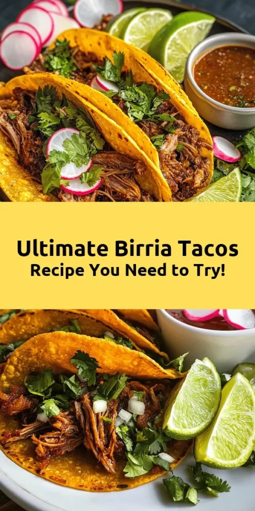 Indulge in the deliciousness of homemade birria tacos with this simple recipe! Featuring tender, flavorful beef simmered in a rich, spicy broth, these tacos are perfect for any occasion. Sear beef chuck and shank, blend toasted chiles, then let everything cook low and slow for maximum flavor. Serve in warm corn tortillas with fresh toppings like cilantro, onion, and lime. Pair with the savory consomé for an unforgettable meal. Enjoy your culinary adventure!