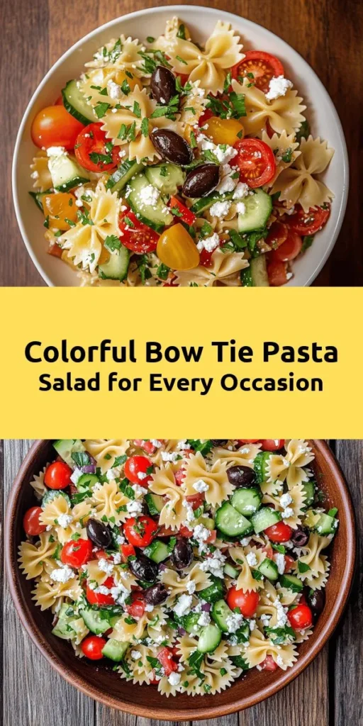 Get ready for a flavor explosion with this Bow Tie Pasta Salad Fiesta! This vibrant dish is packed with cherry tomatoes, cucumbers, bell peppers, olives, and creamy feta cheese, all tossed in a zesty dressing of olive oil and red wine vinegar. It's the perfect refreshing side or light main course to impress your guests or enjoy with family. Easy to prepare in just 45 minutes, it's a delightful addition to any meal. Cool in the fridge and serve chilled for maximum flavor!