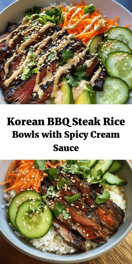 Indulge in these delicious Korean BBQ Steak Rice Bowls featuring tender flank steak marinated in a flavorful blend of soy sauce, brown sugar, and gochujang. Topped with fresh cucumber, carrots, and avocado, this dish is elevated with a creamy spicy sauce made with mayonnaise and gochujang. Perfect for a quick dinner, you’ll have a tasty meal ready in just an hour. Garnish with sesame seeds and cilantro for that extra touch!