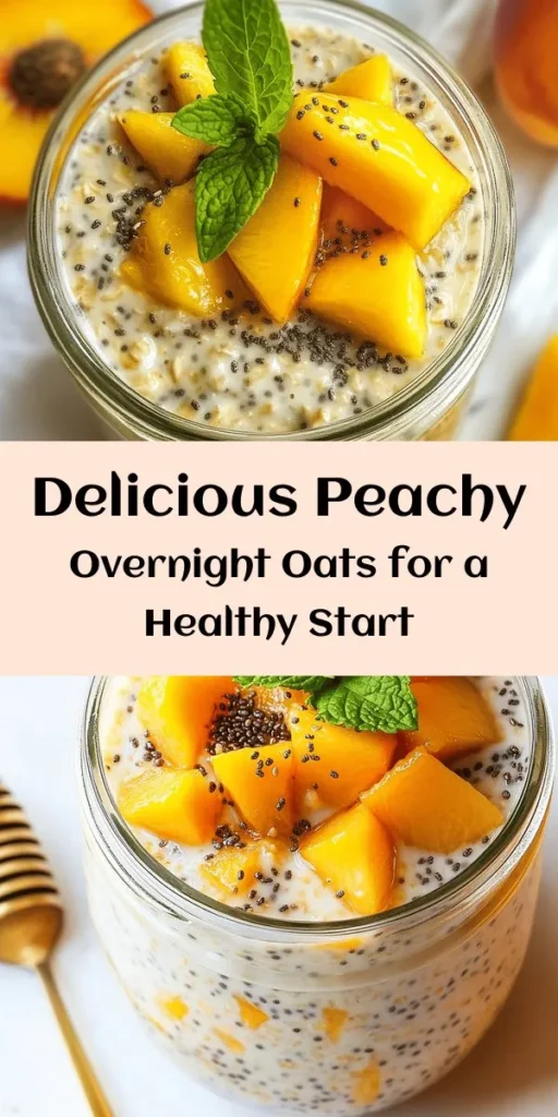 Start your day with these irresistible Healthy Overnight Oats with Peaches! This easy recipe combines rolled oats, unsweetened almond milk, chia seeds, and sweet, juicy peaches for a nutritious breakfast that’s ready when you are. It’s customizable with honey or maple syrup and creamy Greek yogurt for extra richness. Just mix, refrigerate overnight, and enjoy topped with fresh peaches and mint. Perfect for busy mornings!