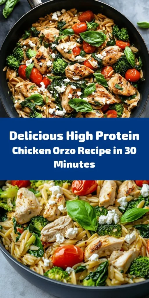 Discover a delicious and nutritious meal with this high-protein chicken orzo recipe! Perfectly seasoned diced chicken, sautéed vegetables, and tender orzo pasta come together in just 30 minutes. Packed with broccoli, spinach, and cherry tomatoes, this colorful dish is both satisfying and wholesome. Top it off with creamy feta and fresh basil for added flavor. Ideal for a quick weeknight dinner or meal prep, this recipe is sure to impress!