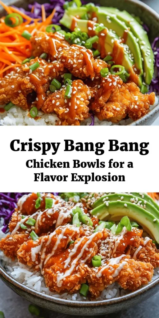 Savor the deliciousness of Bang Bang Chicken Bowls! This simple recipe features crispy fried chicken, a creamy and spicy Bang Bang sauce, and fresh veggies over a bed of rice. Perfect for dinner, these bowls are not only tasty but also visually appealing with vibrant colors from cabbage, carrots, and avocado. Prepare in just 40 minutes and impress your family or guests with this flavorful dish that packs a punch! Ideal for any night of the week.
