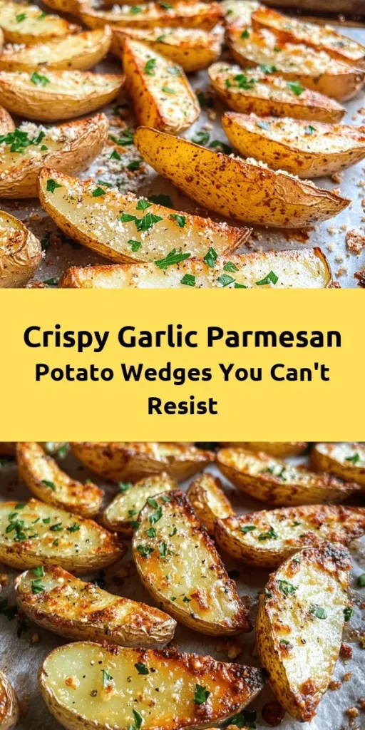 Satisfy your cravings with these Crispy Baked Garlic Parmesan Potato Wedges! Perfectly golden and loaded with flavor, these wedges are made from russet potatoes tossed in a delicious mix of olive oil, garlic, and Parmesan cheese, then baked to crispy perfection. Easy to make and perfect for sharing, they’re a fantastic side dish or snack for gatherings. Serve them hot, garnished with fresh parsley, alongside your favorite dipping sauce. Enjoy!