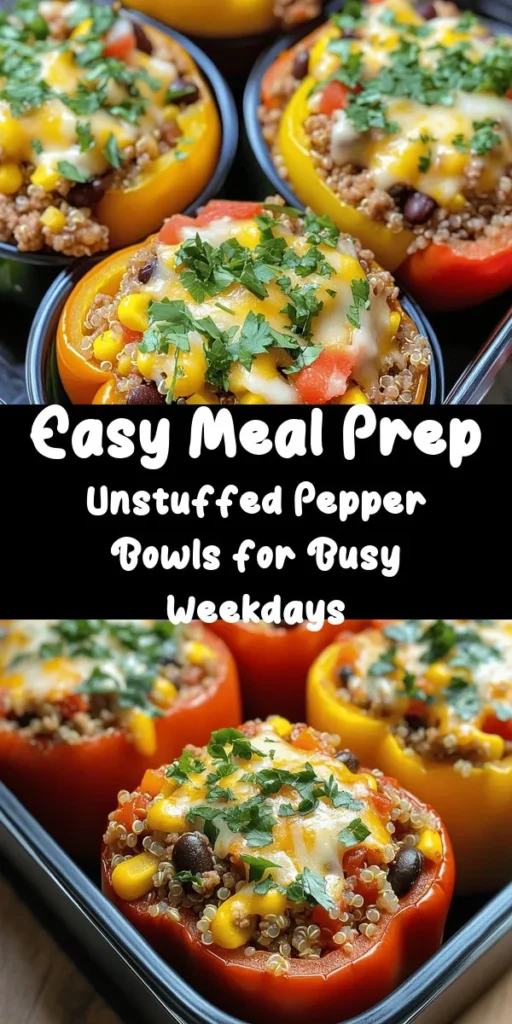 Get ready for a delicious and hearty Meal Prep Unstuffed Pepper Bowl! This colorful dish combines tender bell peppers, seasoned ground turkey or beef, quinoa, and black beans, all simmered together for maximum flavor. Topped with melted cheese and fresh herbs, these bowls are perfect for easy weeknight dinners or meal prep. Quick to make and full of nutrients, they store well in the fridge for up to 4 days. Enjoy a tasty, nutritious meal any time!
