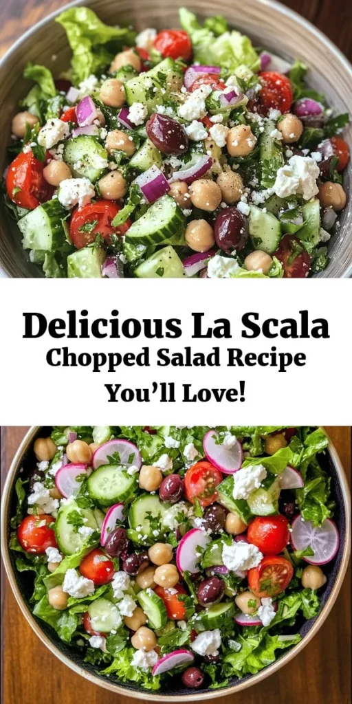 Bring a taste of La Scala to your kitchen with this delicious chopped salad! Packed with fresh ingredients like romaine lettuce, cherry tomatoes, cucumber, and Kalamata olives, this salad is perfect for any meal. Sweet radishes, creamy feta, and protein-rich chickpeas add great texture and taste. Drizzled with Italian dressing and chilled for extra flavor, it's a refreshing dish that serves 4-6. Try it today and elevate your salad game!