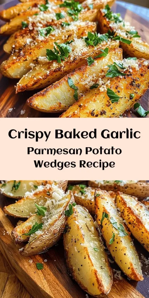 Satisfy your cravings with these crispy Baked Garlic Parmesan Potato Wedges! Perfectly seasoned russet potatoes are baked until golden brown and topped with melted Parmesan cheese for a delicious snack or side dish. Easy to make in just 40 minutes, these wedges are tossed in olive oil, garlic, and spices before being baked to perfection. Garnished with fresh parsley, they're sure to be a hit at your next gathering! Enjoy the burst of flavors with every bite!