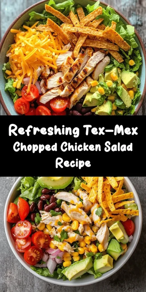Brighten up your lunch or dinner with this delicious Tex-Mex Chopped Chicken Salad! Packed with flavor, it's made with diced chicken, fresh veggies like lettuce, cherry tomatoes, and avocado, plus the crunch of tortilla strips. Toss it all together with a zesty dressing of olive oil, lime juice, and spices for the perfect kick. Ready in just 15 minutes, this salad is not only quick to make but also a healthy and satisfying meal option. Enjoy a taste of the Southwest!