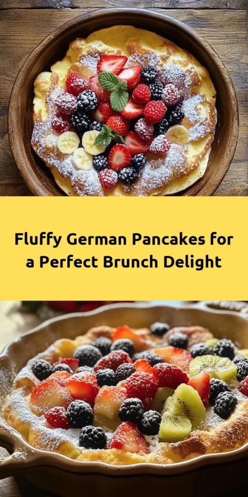 Indulge in the delightful Fluffy German Pancake that's perfect for breakfast or brunch! This easy recipe combines eggs, milk, flour, and a hint of vanilla for a light and airy texture. Just whisk, bake, and watch it puff up to golden perfection. Serve warm, dusted with powdered sugar, and topped with fresh fruit for a delicious treat. Add maple syrup for extra sweetness. Ready in just 35 minutes, it's sure to impress family and friends!