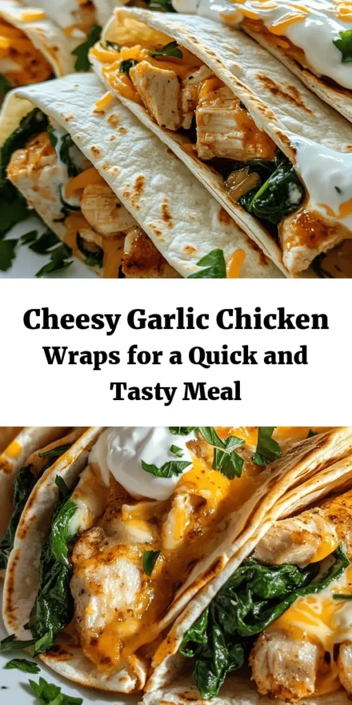 Indulge in these Cheesy Garlic Chicken Wraps for a delightful and easy meal! Featuring tender chicken, two types of cheese, and fresh spinach, they’re packed with flavor. Perfectly seasoned and toasted for a crispy finish, these wraps are great for lunch or dinner. Just 30 minutes to prepare, serve them with a dollop of sour cream and a sprinkle of parsley. Add hot sauce for an extra kick! Your family will love this cheesy goodness!