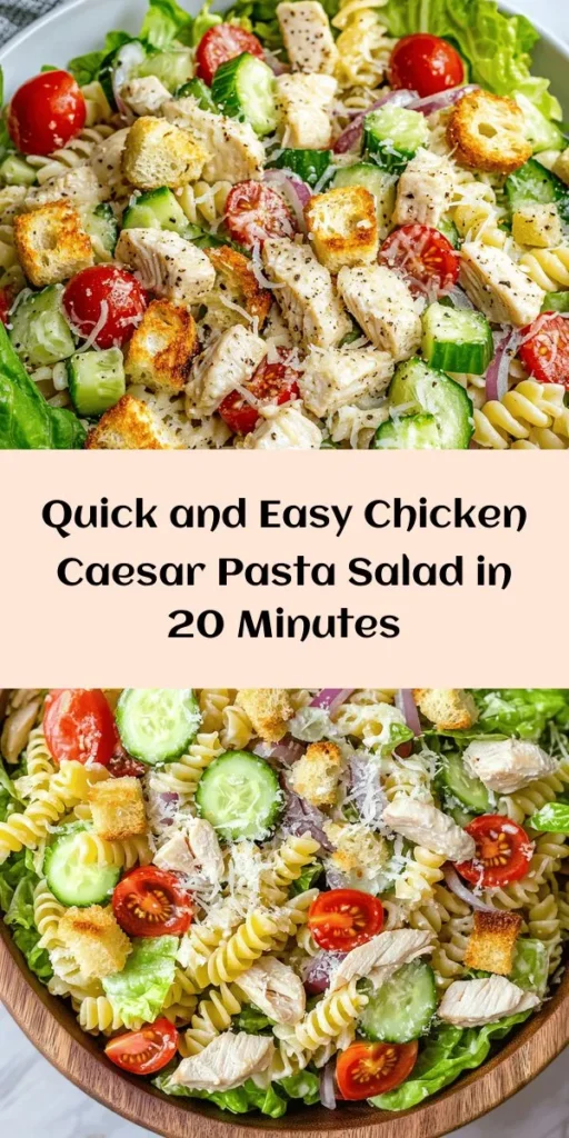 Looking for a quick and delicious meal? Try this 20-Minute Chicken Caesar Pasta Salad! Packed with rotini pasta, juicy chicken, fresh veggies like cherry tomatoes and cucumber, and a creamy Caesar dressing, this salad is perfect for lunch or dinner. With its mix of flavors and textures, it’s sure to impress. Top with Parmesan cheese and croutons for an extra crunch! Perfect for meal prep or a last-minute dinner idea. Enjoy a tasty and satisfying dish in no time!