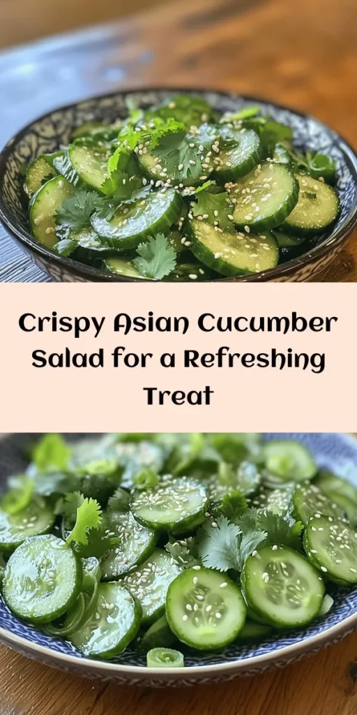Enjoy a burst of flavor with this Refreshing Asian Cucumber Salad! Made with thinly sliced cucumbers, this salad features a tangy dressing with rice vinegar, soy sauce, and a hint of sweetness. It's quick to prepare and perfect for a light meal or a side dish. Enhance the taste with garlic, fresh ginger, and optional chili oil for some heat. Topped with sesame seeds, green onions, and cilantro, this salad is not only delicious but visually appealing too!