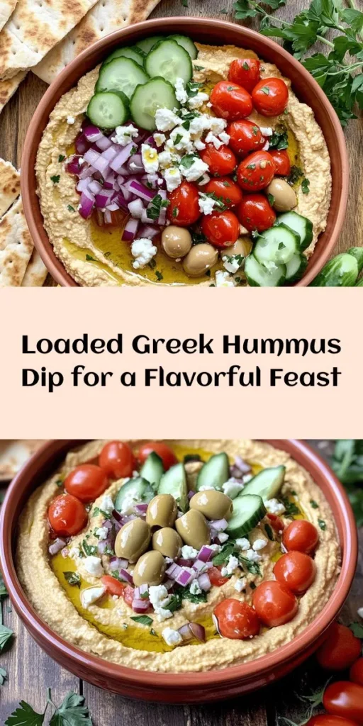 Dive into a Mediterranean delight with this Greek Style Loaded Hummus! This vibrant dish features a creamy base of chickpeas, tahini, garlic, and lemon, topped with a colorful mix of cherry tomatoes, cucumbers, red onions, and Kalamata olives. Finish it off with crumbled feta and fresh parsley for a burst of flavor. Perfect for gatherings or as a healthy snack, serve it with pita bread and veggie sticks. Enjoy a taste of Greece in just 15 minutes!