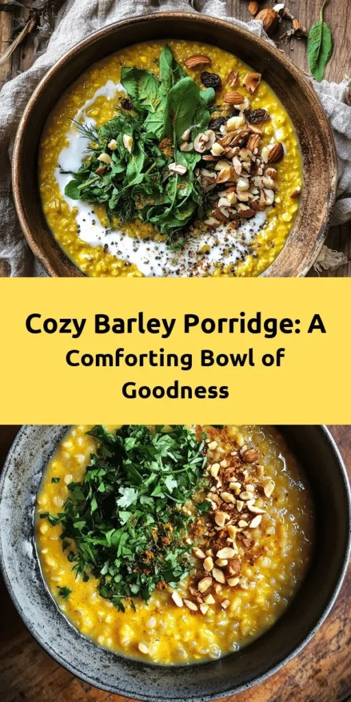 Warm up with this delicious Barley Porridge that’s perfect for cozy days! Made with pearl barley, sautéed onions, garlic, and vibrant spices like cumin and turmeric, it's a nutritious and hearty dish. The creamy coconut milk and wilted greens add a delightful twist. Customize it with your favorite toppings like nuts or dried fruits for extra crunch and flavor. Ready in under an hour, this recipe serves four and is a fantastic healthy option for breakfast or a comforting meal!