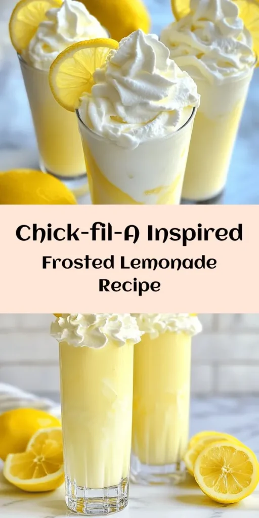 Cool down with this delightful Copycat Chick-fil-A Frosted Lemonade! Perfect for warm days, this refreshing drink combines tangy lemonade with creamy vanilla ice cream for a sweet twist. Just blend fresh lemonade, ice cream, and milk to your desired thickness, then garnish with whipped cream and lemon slices. It’s quick to make and incredibly satisfying. Enjoy a taste of summer in every sip with this easy recipe that takes just 10 minutes!