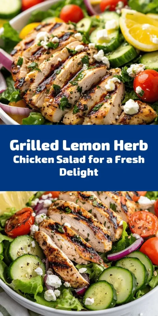 Brighten up your meal routine with this Grilled Lemon Herb Chicken Salad! Perfect for warm days, this refreshing salad features marinated grilled chicken atop a bed of mixed greens, cherry tomatoes, crisp cucumber, and thinly sliced red onion. Toss in some crumbled feta for an extra burst of flavor. Quick to prepare with just 47 minutes from start to finish, it serves 4 and makes a delightful lunch or dinner option that’s both healthy and satisfying!