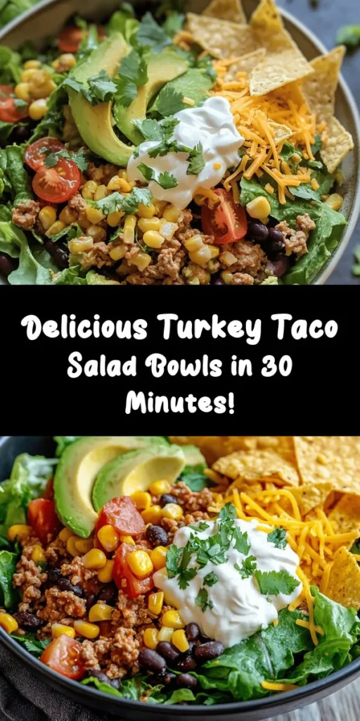 Looking for a fresh and delicious meal that's packed with flavor? Try these Turkey Taco Salad Bowls! Made with lean ground turkey, mixed greens, and a variety of colorful toppings like cherry tomatoes, corn, and avocado, this recipe is both healthy and satisfying. Ready in just 30 minutes, it's perfect for a quick weeknight dinner. Top your bowls with cilantro, sour cream, and crunchy tortilla chips for the ultimate taco experience. Enjoy!