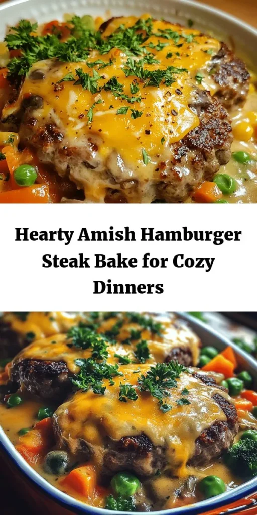 Get ready to enjoy a comforting meal with this Amish Hamburger Steak Bake! This hearty dish features juicy hamburger patties nestled on a bed of mixed vegetables, all smothered in creamy mushroom soup and topped with melted cheddar cheese. Perfect for a family dinner, it’s simple to prepare and packed with flavor. In just under an hour, you can serve a delicious homemade meal that's sure to become a favorite! Garnish with fresh parsley for a delightful touch.
