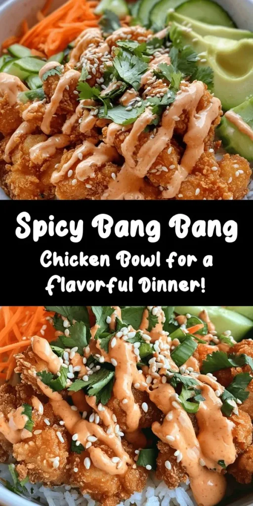 Treat yourself to a flavorful Bang Bang Chicken Bowl that is sure to delight! This easy recipe features crispy, golden fried chicken thighs coated in a creamy and spicy Bang Bang sauce. Serve it over fluffy jasmine rice and top it with fresh veggies like shredded carrots, cucumber, and creamy avocado for an irresistible meal. Perfect for weeknight dinners or meal prep, this bowl brings together a wonderful mix of textures and flavors. Try it today!