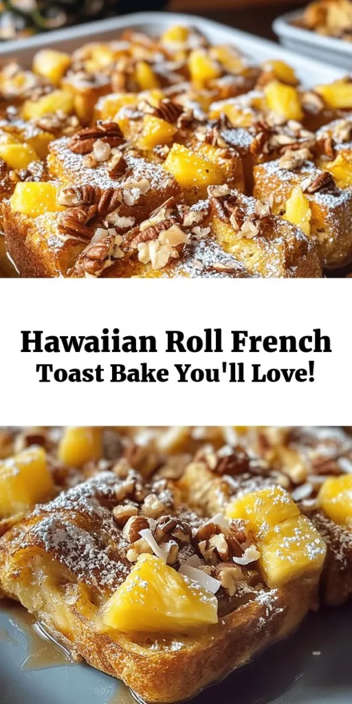 Indulge in a tropical twist with this Sweet Hawaiian Roll French Toast Bake! Made with luscious Hawaiian sweet rolls, eggs, and creamy milk, this dish is bursting with flavor thanks to crushed pineapple, shredded coconut, and a hint of cinnamon. Perfect for brunch or a cozy breakfast, simply soak, bake, and serve warm with maple syrup for a delightful treat. Easy to prepare and sure to impress, it's a family favorite you won’t want to miss!