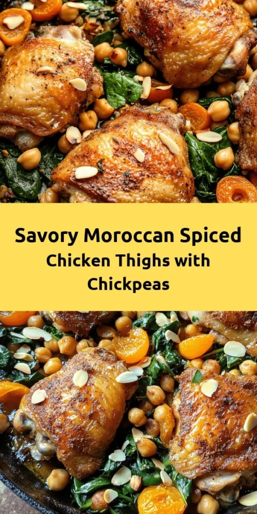 Elevate your dinner with this Moroccan Spiced Chicken recipe! Flavorful chicken thighs are marinated in a fragrant blend of spices and lemon juice, seared to golden perfection, and baked with chickpeas and dried apricots for a sweet-savory twist. Finish with fresh spinach and toasted almonds for a delightful crunch. Perfect served with couscous or rice to soak up the delicious sauce. Quick prep and packed with flavor, this dish is sure to impress!