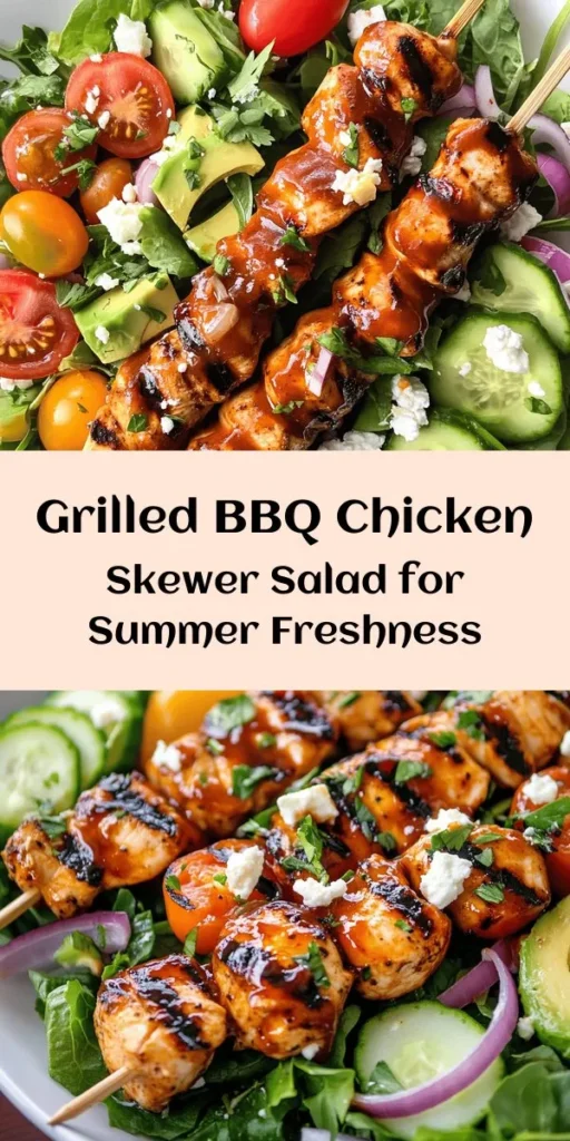 Elevate your summer dining with this delicious BBQ Chicken Skewer Salad! Juicy grilled chicken marinated in your favorite barbecue sauce, paired perfectly with a fresh mix of greens, cherry tomatoes, creamy avocado, and tangy feta. This vibrant dish is not just a feast for the eyes, but also a satisfying meal that’s easy to prepare. Perfect for gatherings or a light dinner, just drizzle with ranch or extra barbecue sauce and enjoy!