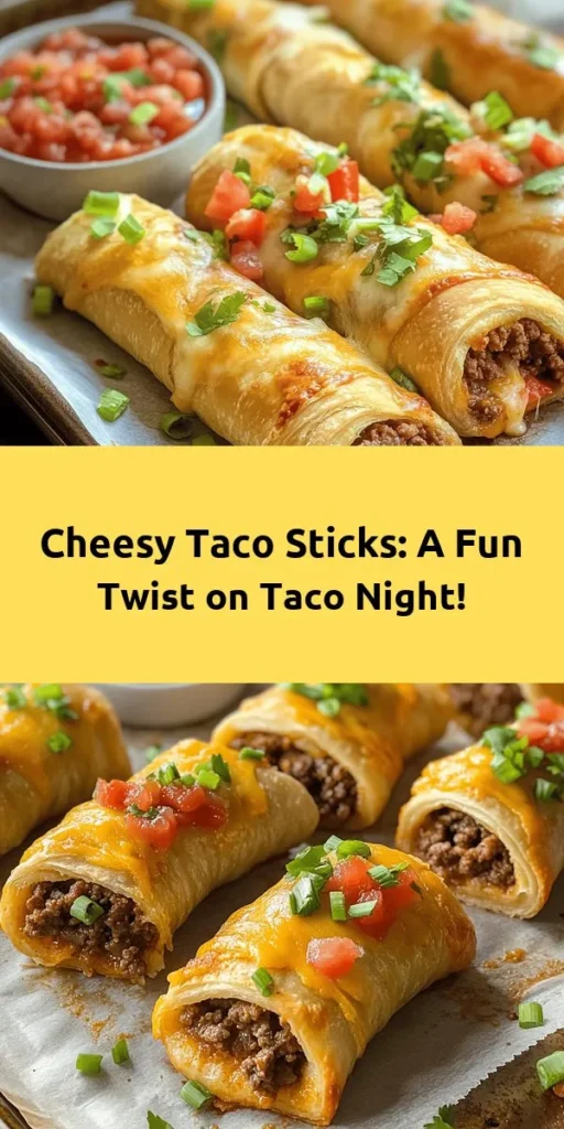 Dive into the deliciousness of these Cheesy Taco Sticks! Perfect for game day or a quick weeknight meal, these easy-to-make snacks feature seasoned ground beef, creamy refried beans, and lots of melty cheese, all wrapped in flaky crescent roll dough. Customize with your favorite toppings like diced tomatoes and black olives, and serve them warm with salsa or guacamole for a tasty treat everyone will love. Get ready to snack!