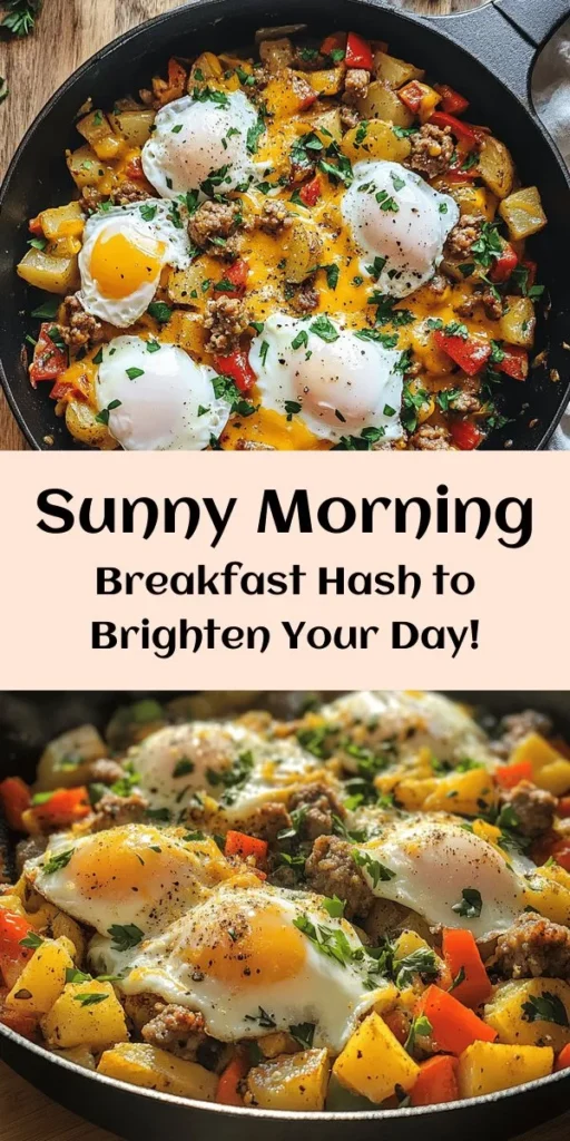Brighten up your mornings with this Morning Sunshine Loaded Breakfast Hash! Packed with diced russet potatoes, colorful bell peppers, savory breakfast sausage, and perfectly cooked eggs, this hearty dish is topped off with melted cheese and fresh herbs. It's easy to make in just 30 minutes, making it ideal for busy mornings or leisurely brunches. Enjoy a burst of flavor in every bite, and start your day off right!